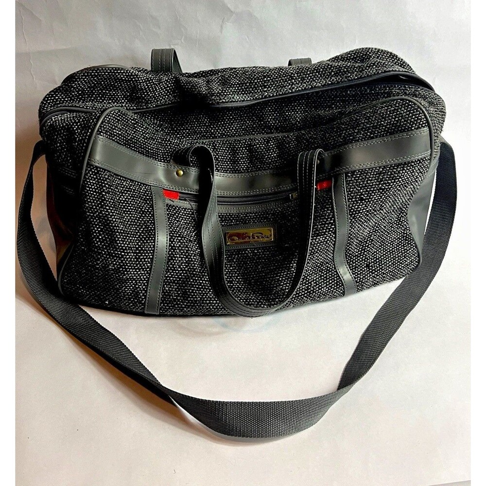 Oscar de la Renta Black/Gray Faux Leather Duffle Bag, Adjustable Shoulder Strap